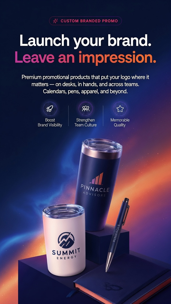 Launch your brand. Leave an impression. Premium promotional products.